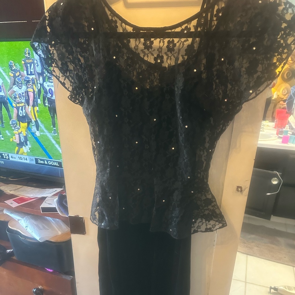 Tea length black velvet dress with lace overlay